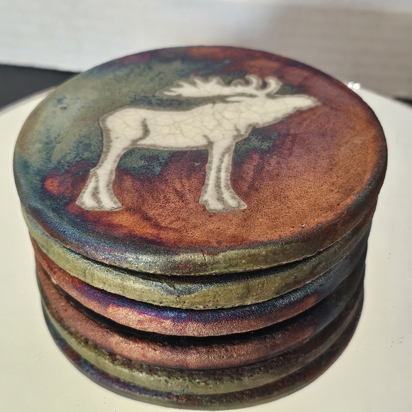 Raku Art Pottery Coasters Signed Jeremy Diller Set of 3 Raku Elk 🦌 - Picture 9 of 10